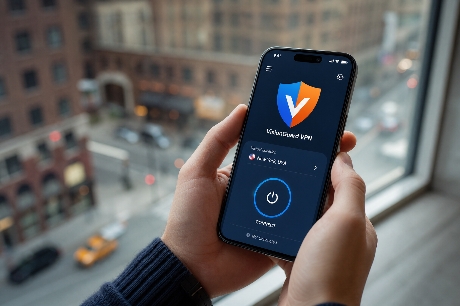 Person using VisionGuard VPN on phone in the city
